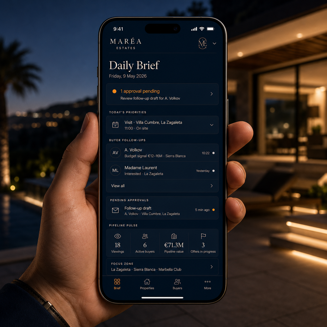Mobile AIOS Daily Brief with approvals, priorities, follow-ups and pipeline pulse